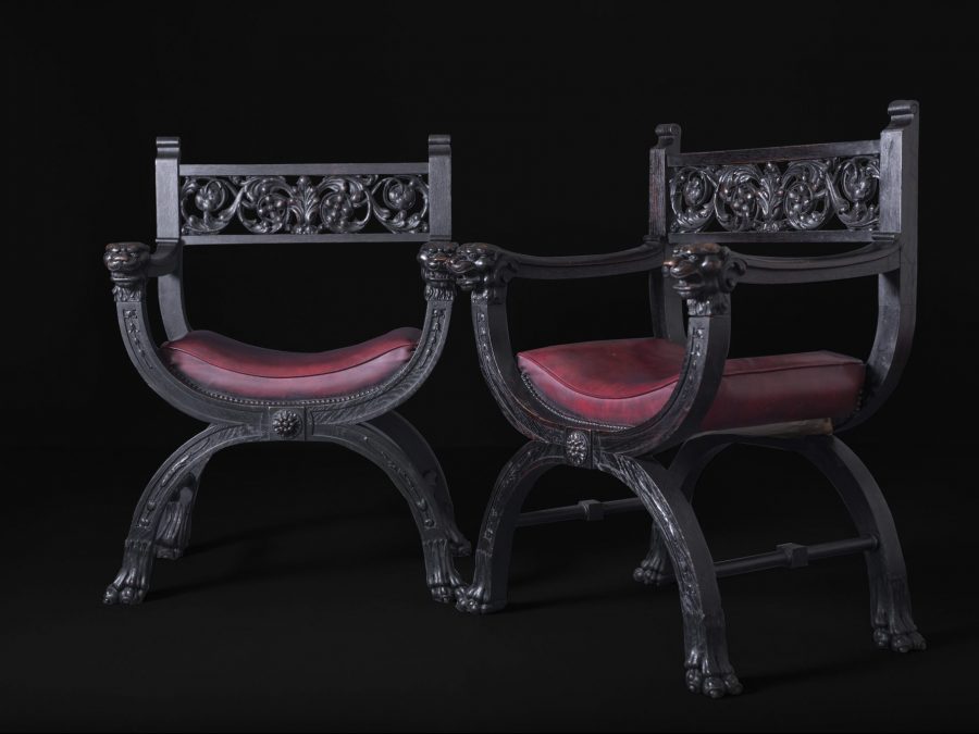 Carved Victorian Leather Armchairs - "Lions"
