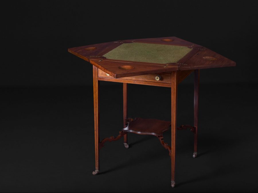 Victorian Inlaid Mahogany Envelope Card Table (Open)